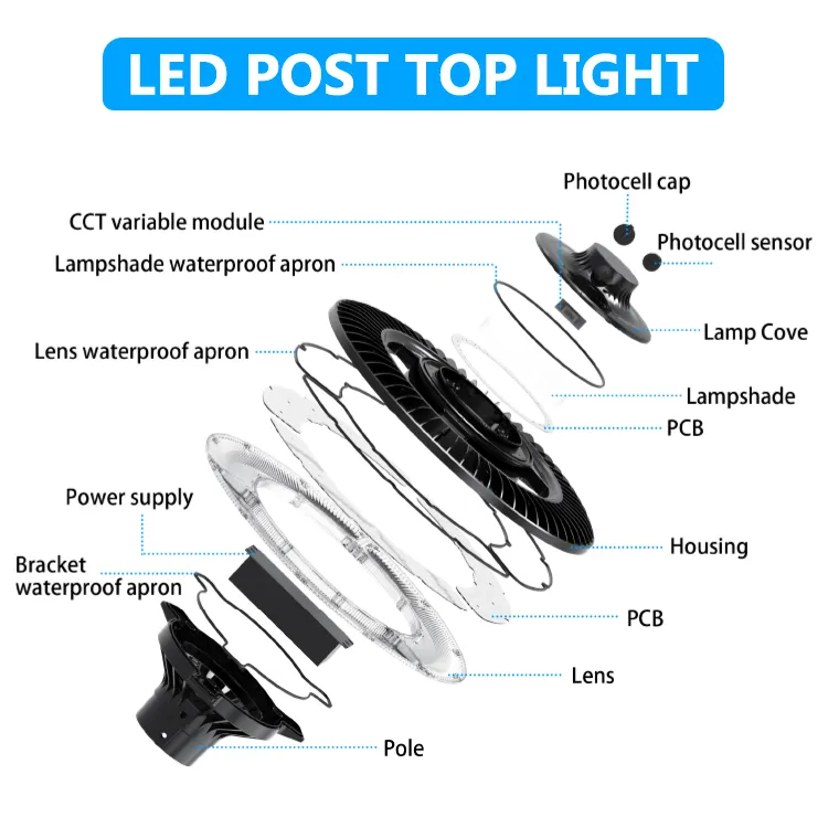 Lampe de jardin LED réglable 150W IP65 Étanche intégrée 130lm/W Ronde Noire Cour Parc Jardin Poteau Sommet 3